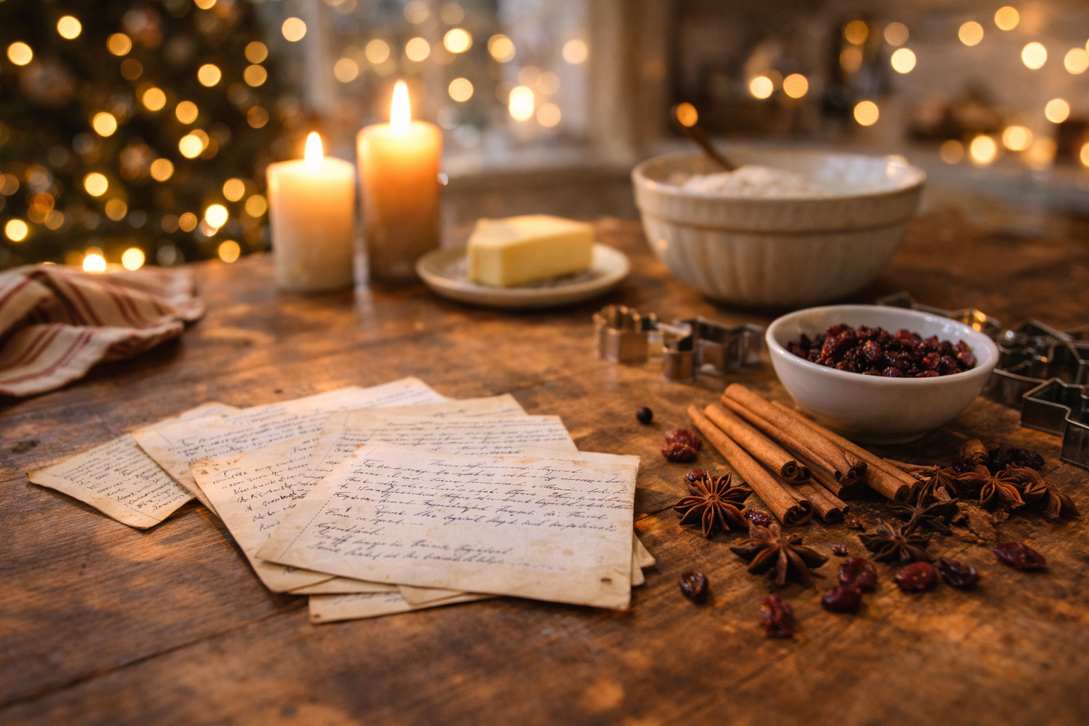 Handwritten holiday recipe cards beside festive baking ingredients in a warm candlelit kitchen scene