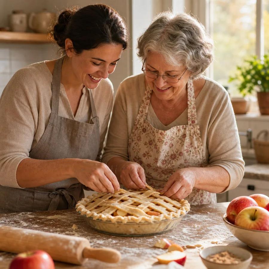 Family members baking a lattice apple pie together