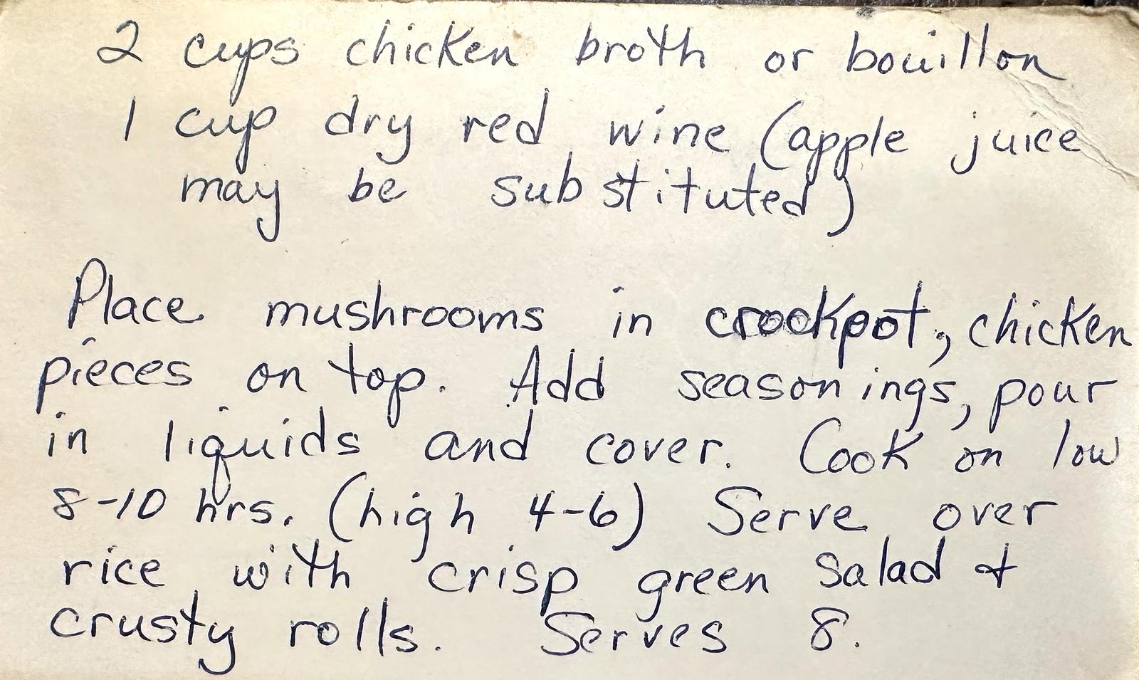 The back of the same card, with the broth, the wine, and the cooking method