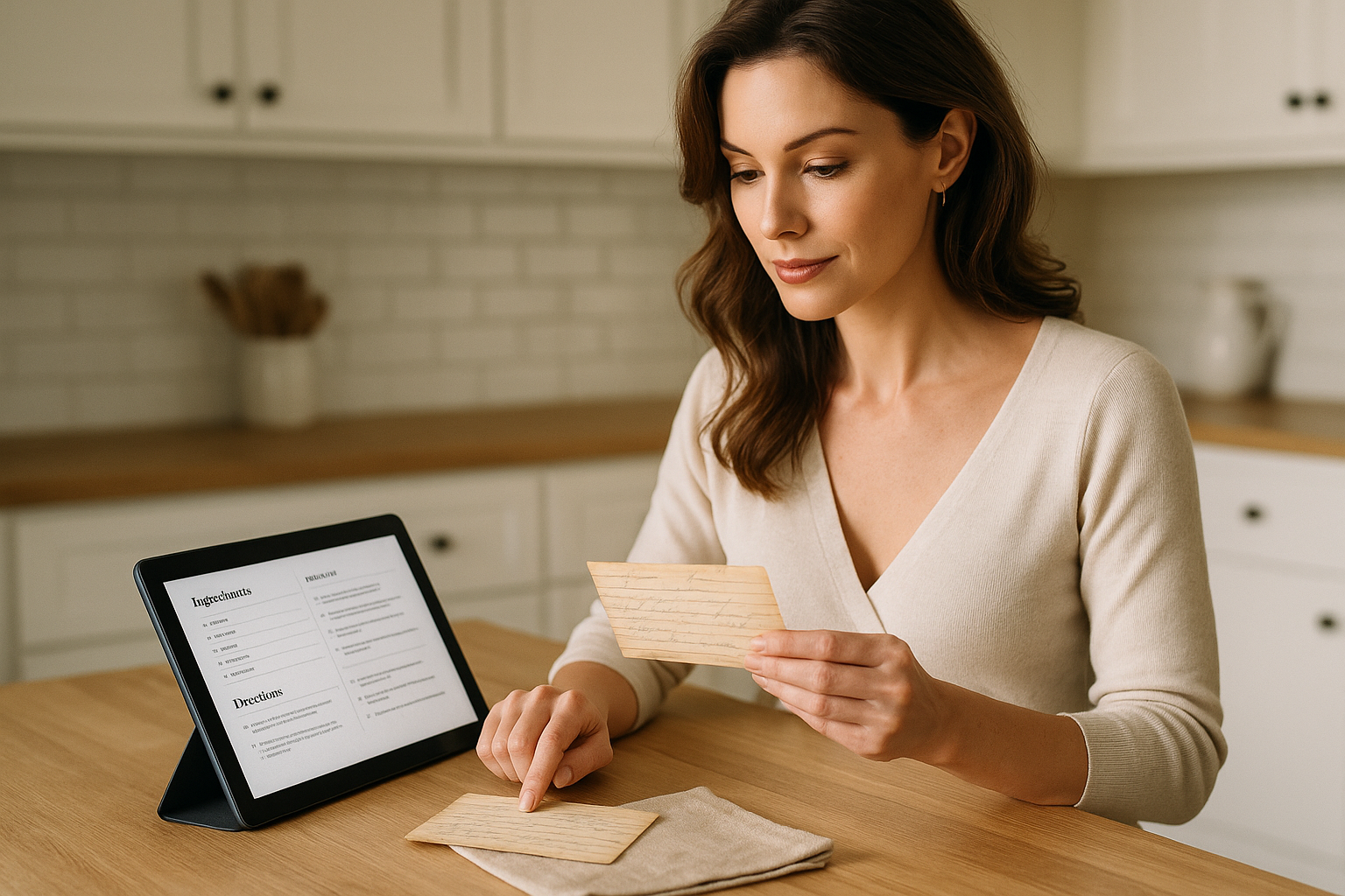 Elegant adult woman digitizing handwritten family recipe cards beside a tablet with a clean digital recipe layout in warm kitchen light