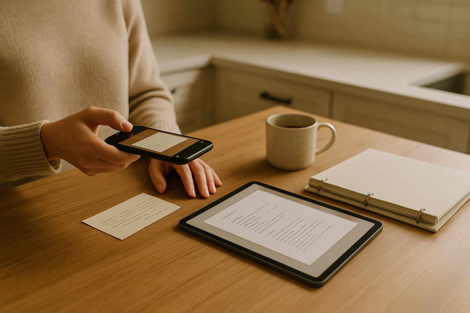 Modern recipe preservation workspace with handwritten cards, tablet, and warm family kitchen details