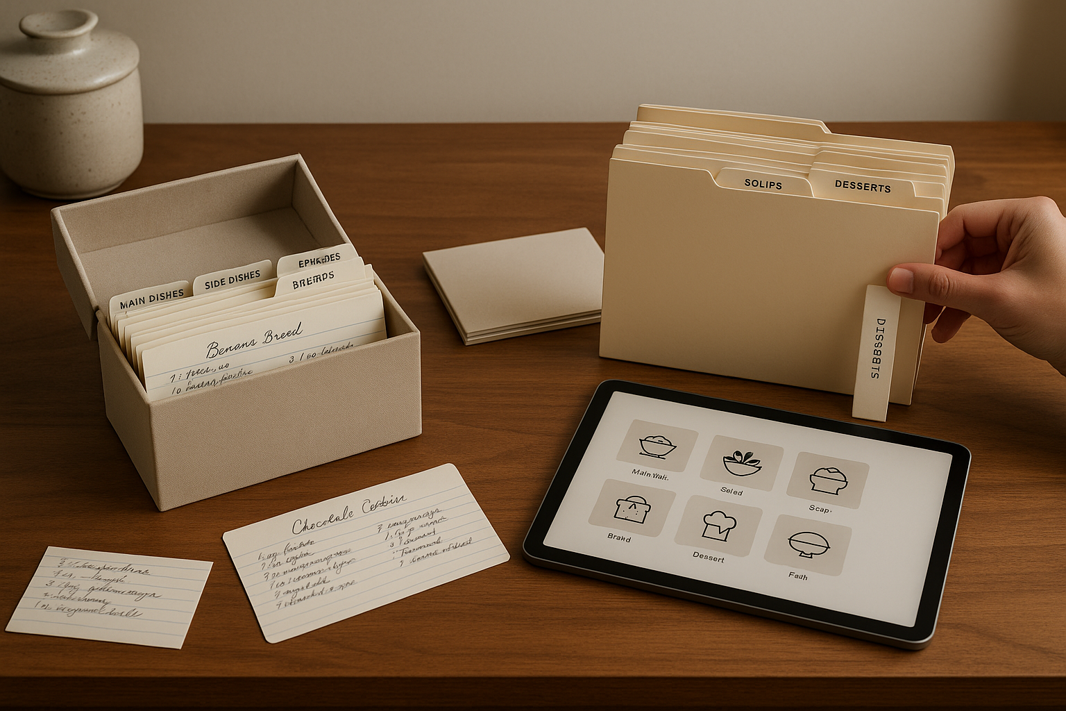 Recipe cards, labeled dividers, and tablet categories arranged in a clean searchable system