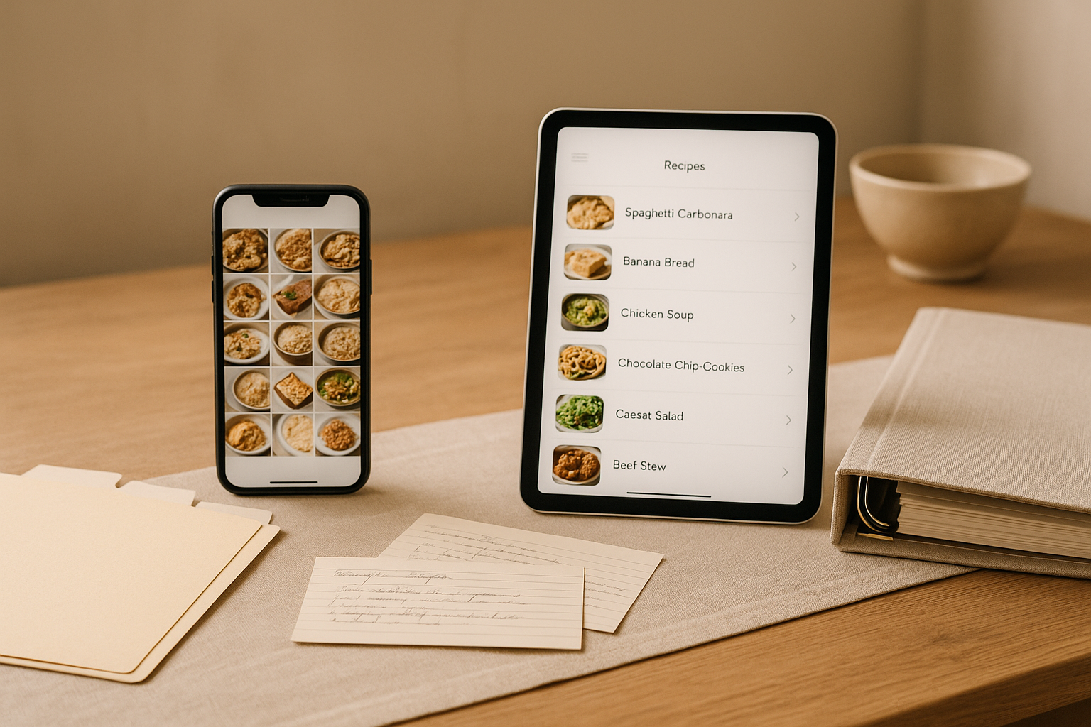 Phone photo gallery next to an organized digital recipe archive and handwritten recipe cards