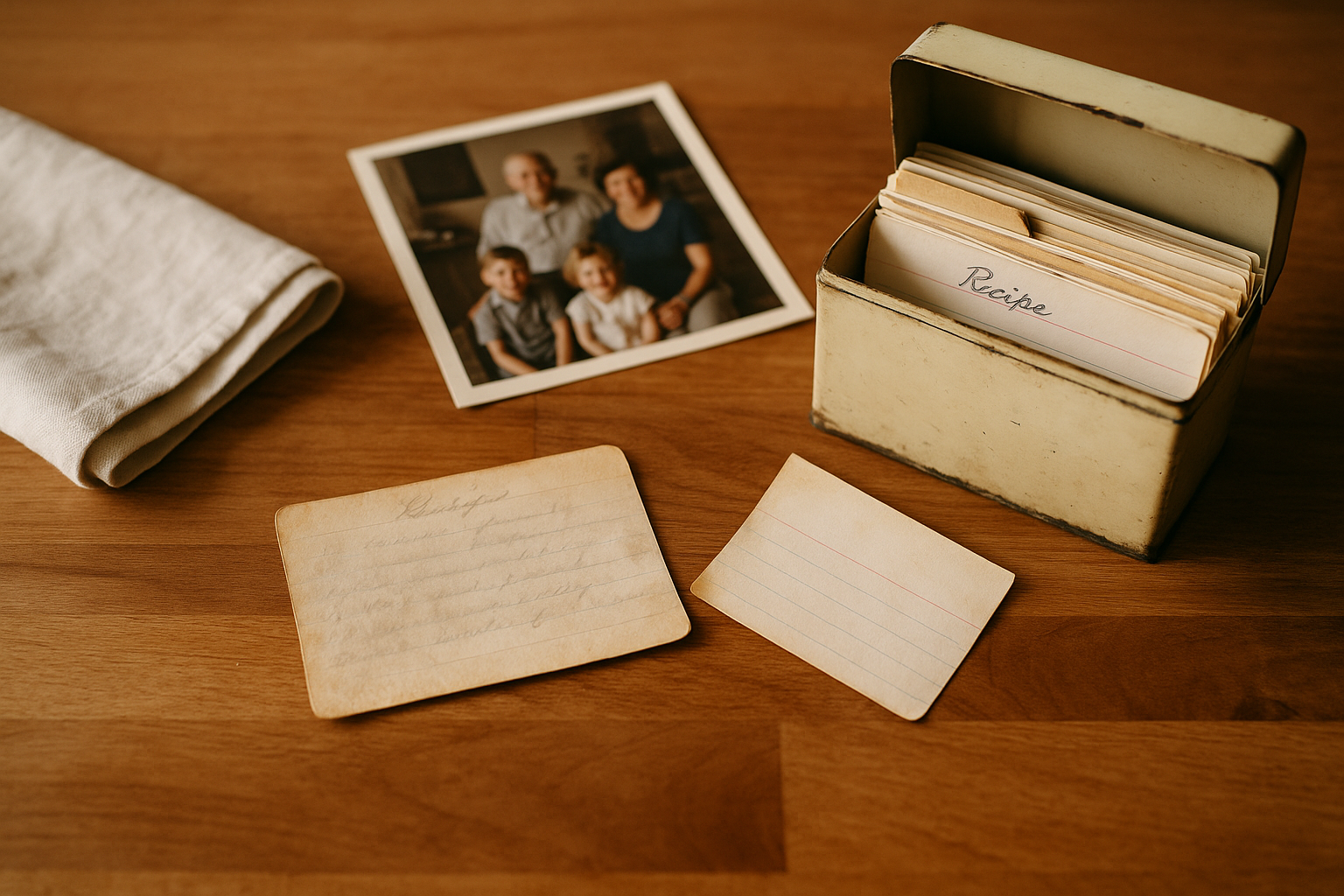 Faded handwritten recipe card, family photo, and recipe box arranged on a warm wooden table